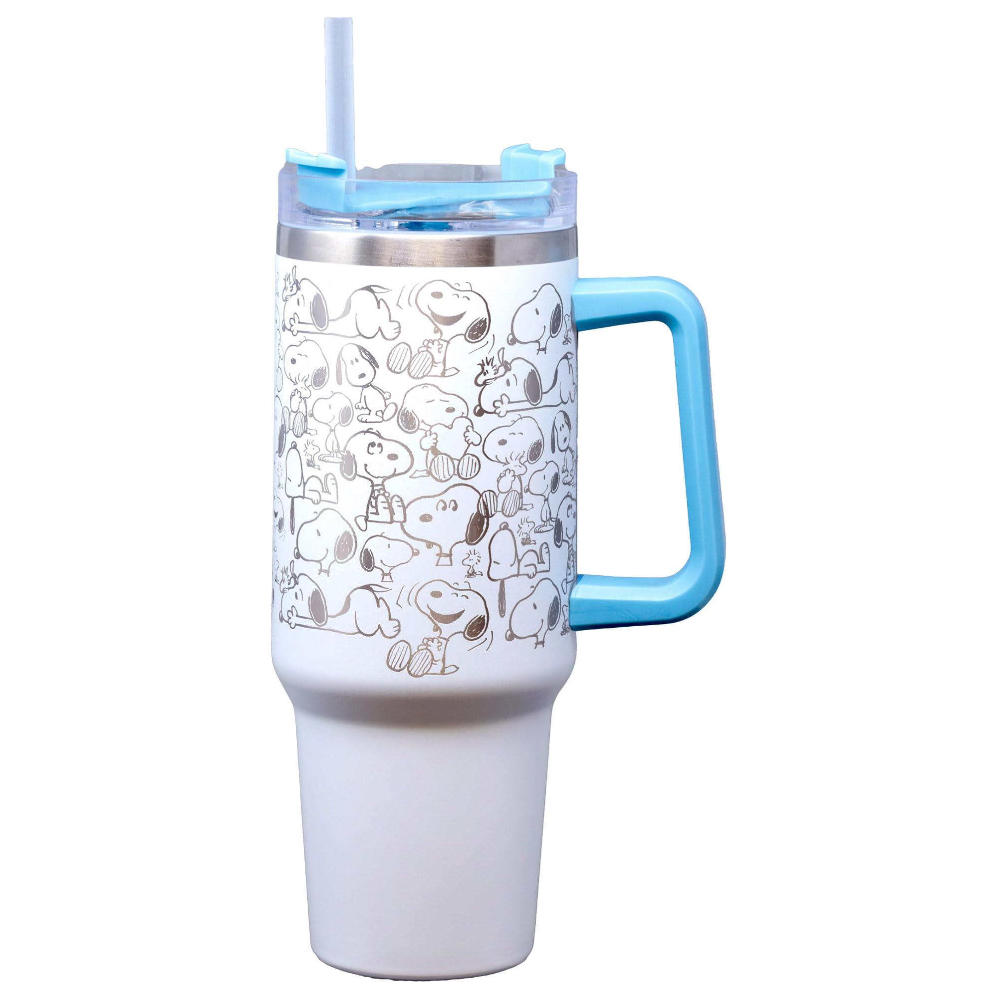 Spoontiques Etched Peanuts Stainless Steel Travel Mug, 40oz - Double Wall Insulation, Sturdy Handle, Sliding Lock Travel Lid - Snoopy