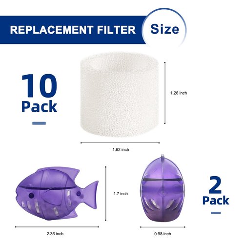 Top-Fill Humidifier Replacement Filter Compatible with Levoit Dual150 Dual200S Classic160 Classic300(S) LV600S LV600HH OasisMist450S OasisMist600S Superior 6000S - 10 Filters and 2 Clean Fish