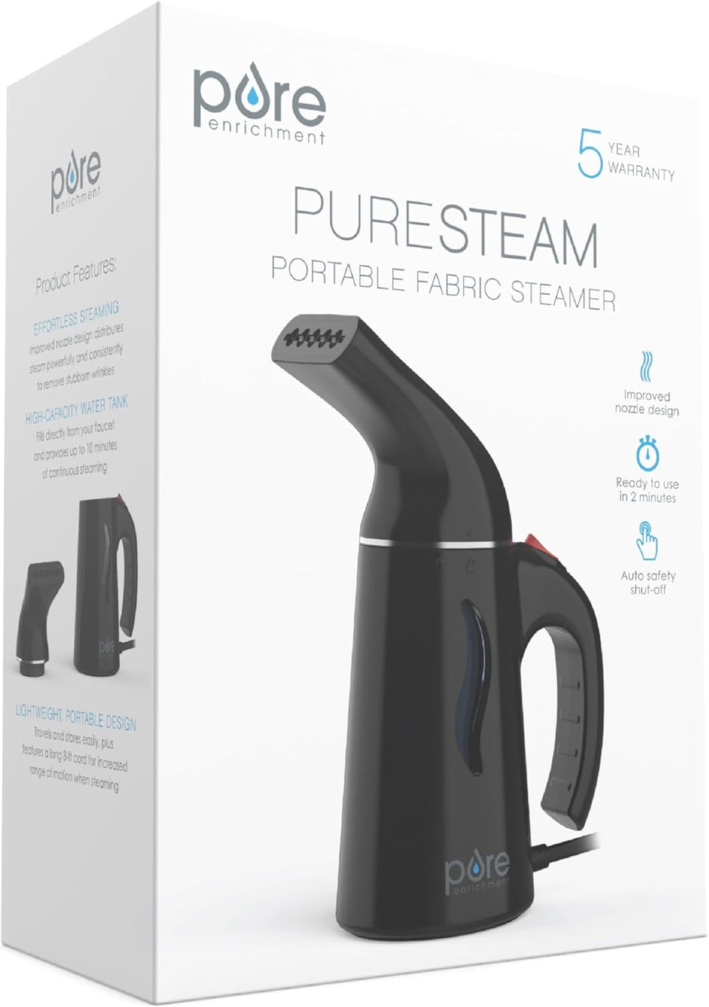 Pure Enrichment Portable Fabric Steamer - Fast-Heating Handheld Garment Steamer for All Fabrics | Lightweight & Safe (Black)