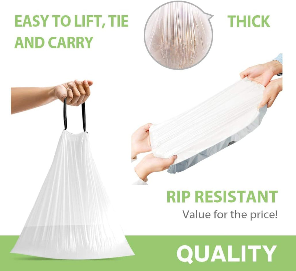 Teivio Strong Drawstring Trash Bags - 1.6 Gallon, 120 Counts | Durable White Liners for Home & Office