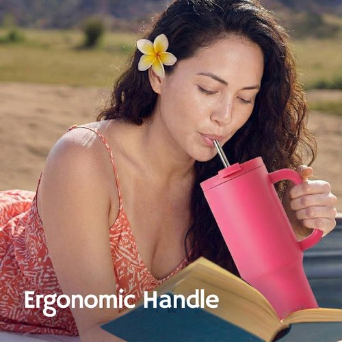 BriteLune 40oz Insulated Tumbler with Handle & Straw Lid | Keeps Cold for 30hrs, Hot12hrs | 100% Leakproof Stainless Steel Water Bottle | Cup holder friendly Travel Mug | Hot Pink