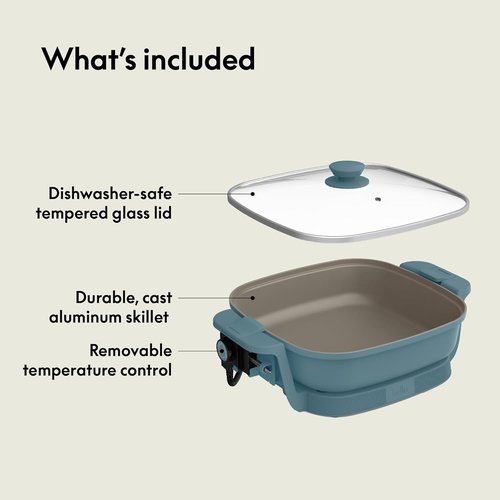 Bella Make & Take Electric Skillet - Adjustable Temperature, Dishwasher-Safe Lid, 1200 Watt, Surf Color