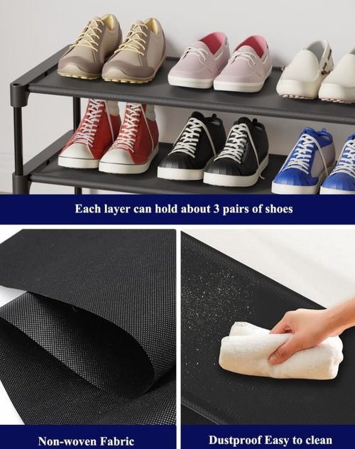 Kitsure Shoe Rack - Stackable Non-Woven Shoe Organizer for Closet & Entryway - 2 Tier, Black, 27.5" Wide