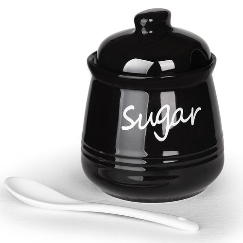 HAOTOP 12oz Sugar Bowl with Lid and Spoon,Ceramic Sugar Jar Sugar Dispenser Sugar Container Coffee Bar Accessories, Kitchen Countertop Canisters, Black