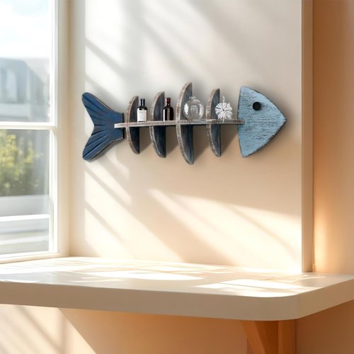 huulmood Wooden Fish Wall Shelf, Wood Fish Beach Decor Display Shelf, Nautical Coastal Style Wall - Mounted Organizer in Bedroom，Living Room，Lake House, Bathroom