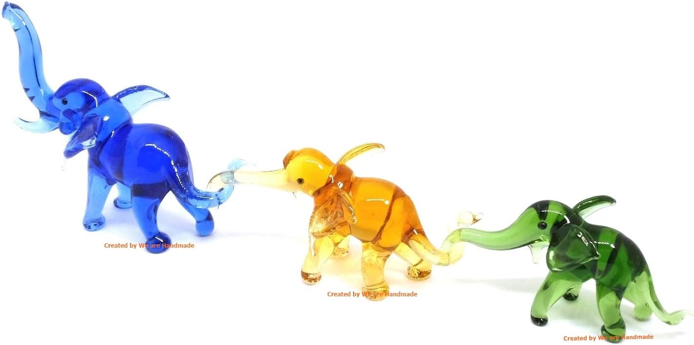 Skiennix Handmade Mini Elephant Family Figurines - Blown Glass Art, Multicolor Jungle Collectibles, 2" Size
