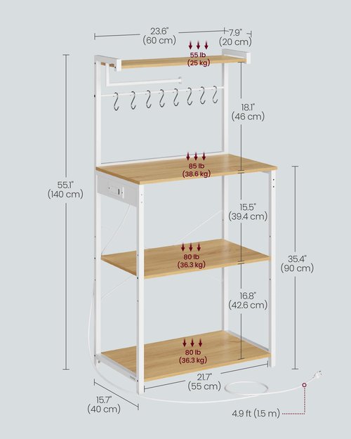 VASAGLE Kitchen Bakers Rack with Power Outlet, Coffee Bar 4-Tier with 8 S Hooks, Microwave Stand, Adjustable Shelf, for Small Spaces, Golden Oak and Cloud White UKKS014Y01V1