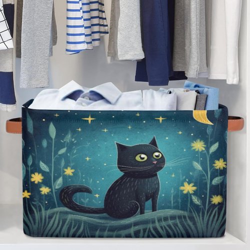 OMFUNS Cute Cat Storage Basket, Star Flower Foldable Storage Bin with Handle Fabric Rectangular Storage Box Organizer for Closet Shelf Home Office Nursery Toy Basket, 1 Pack