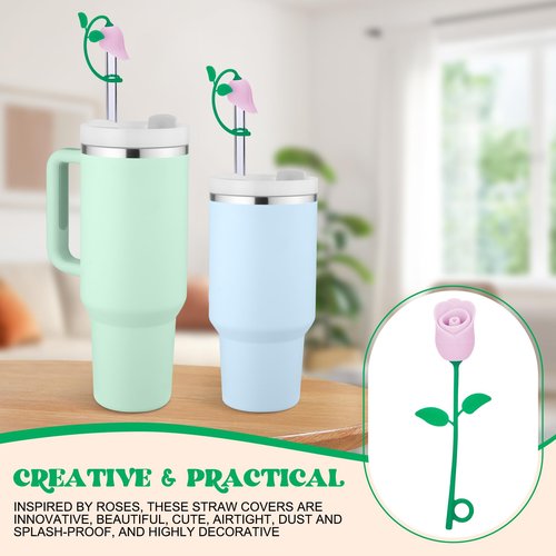 Straw Cover Cap for Stanley Cup, Cute Straw Toppers Compatible with 20 30 40 Oz Tumbler, Cute Silicone Rose Flower, Fit 6 8 10mm Straws Accessories for Women Kids Gift, Red Pink Blue White