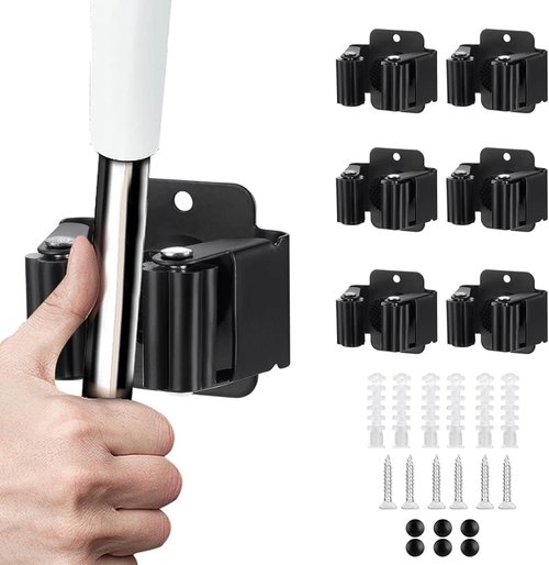 JAMEND Heavy-Duty Broom and Mop Holder | 6-Piece Stainless Steel Garden Tool Organizer - Matte Black