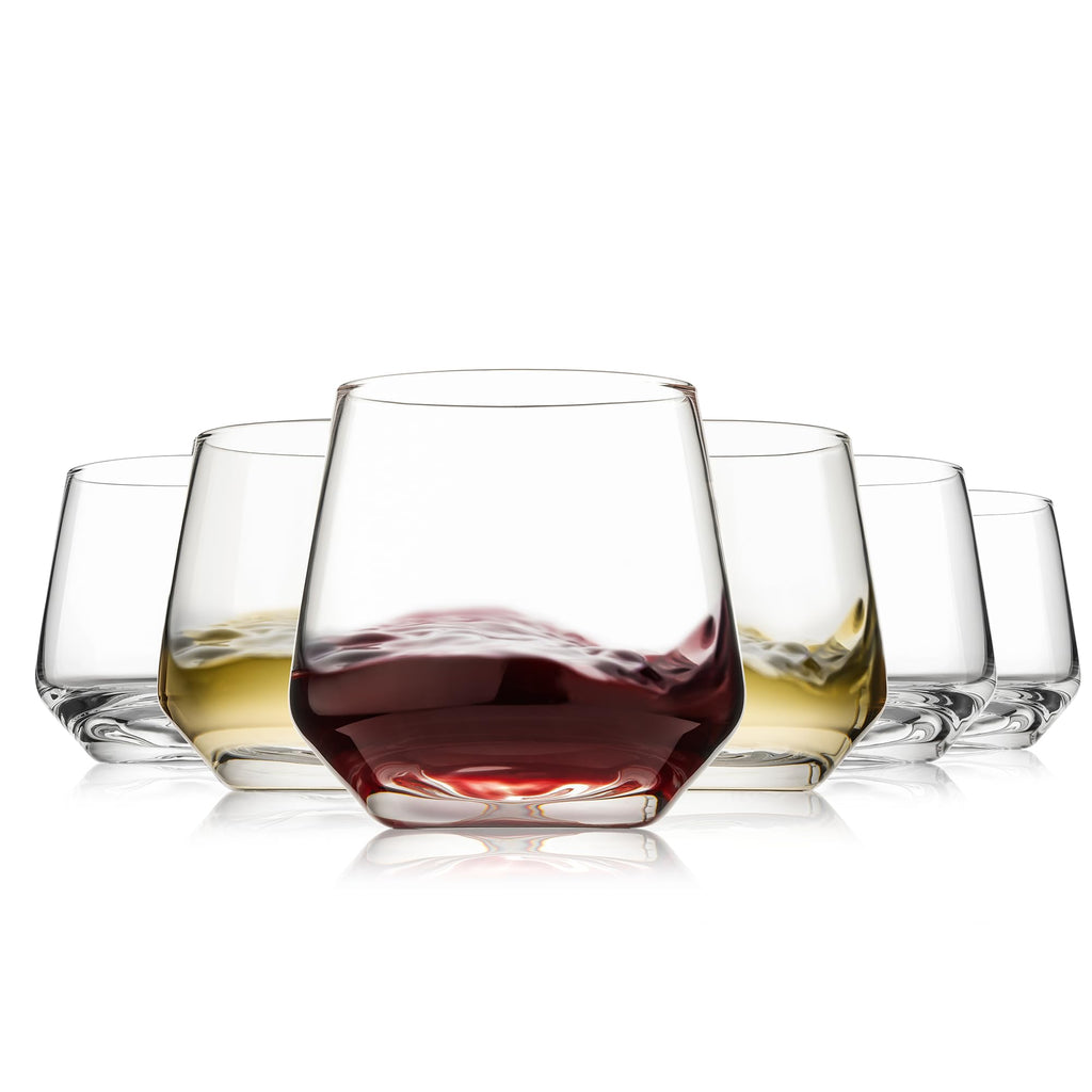 OUWO Stemless Wine Glasses Set of 6, 13.5oz Red White Wine Glasses for Daily Use, Hosting, Home Bar, Evening Party, Birthdays, Housewarming Gift, Clear