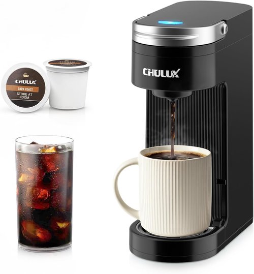 CHULUX Slim Single Serve Coffee Maker - Compact K Cup Pod Machine for Dorm, RV, Office & Travel - Matte Black