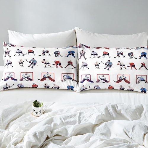 Ice Hockey Sheet Set Full Kids Sports Event Bedding Set Hockey Player Bed Sheets for Boys Bedroom Decor Soft Winter Sports Hockey Puck Bed Set (Twin Flat Sheet & Fitted Sheet with 2 Pillow Case)