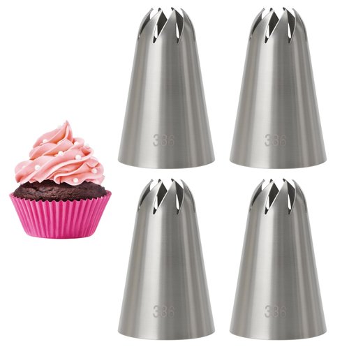 Closed Star Piping Tip #336 – 4Pcs Large Stainless Steel Pastry Tube Nozzle Tips for Cake Decorating, Frosting, Cream, Icing, Cupcakes, Swirls, Roses, Snow Tops, Cookies & Baking