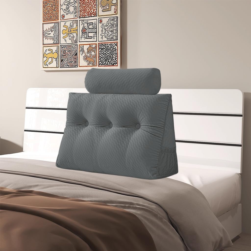 Velvet Triangular Headboard Wedge Pillow with Roll Pillow,Removable Cover Headboard Pillow Daybed Bunk Bed,Backrest Positioning Support Pillow Resting Reading Relaxing (Gray, Twin(39 * 20 * 8in))
