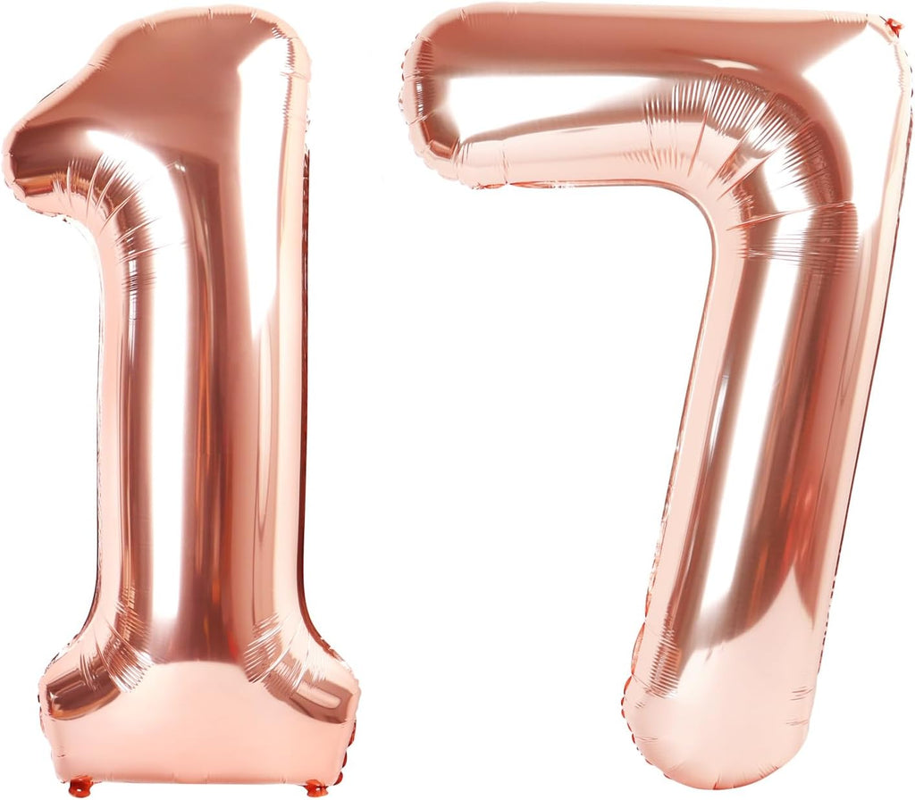 Numbers 17 Balloon - 40 Inch Rose Gold Foil Decoration for 17th Birthday & Anniversary Parties