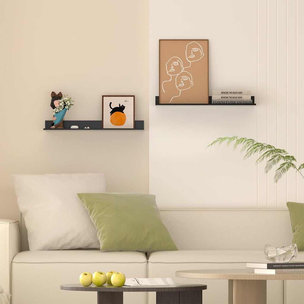 Wisfame Floating Shelves - Modern Wall-Mounted Metal Shelf Set of 2 for Living Room, Bedroom & Kitchen | 15.7in Black