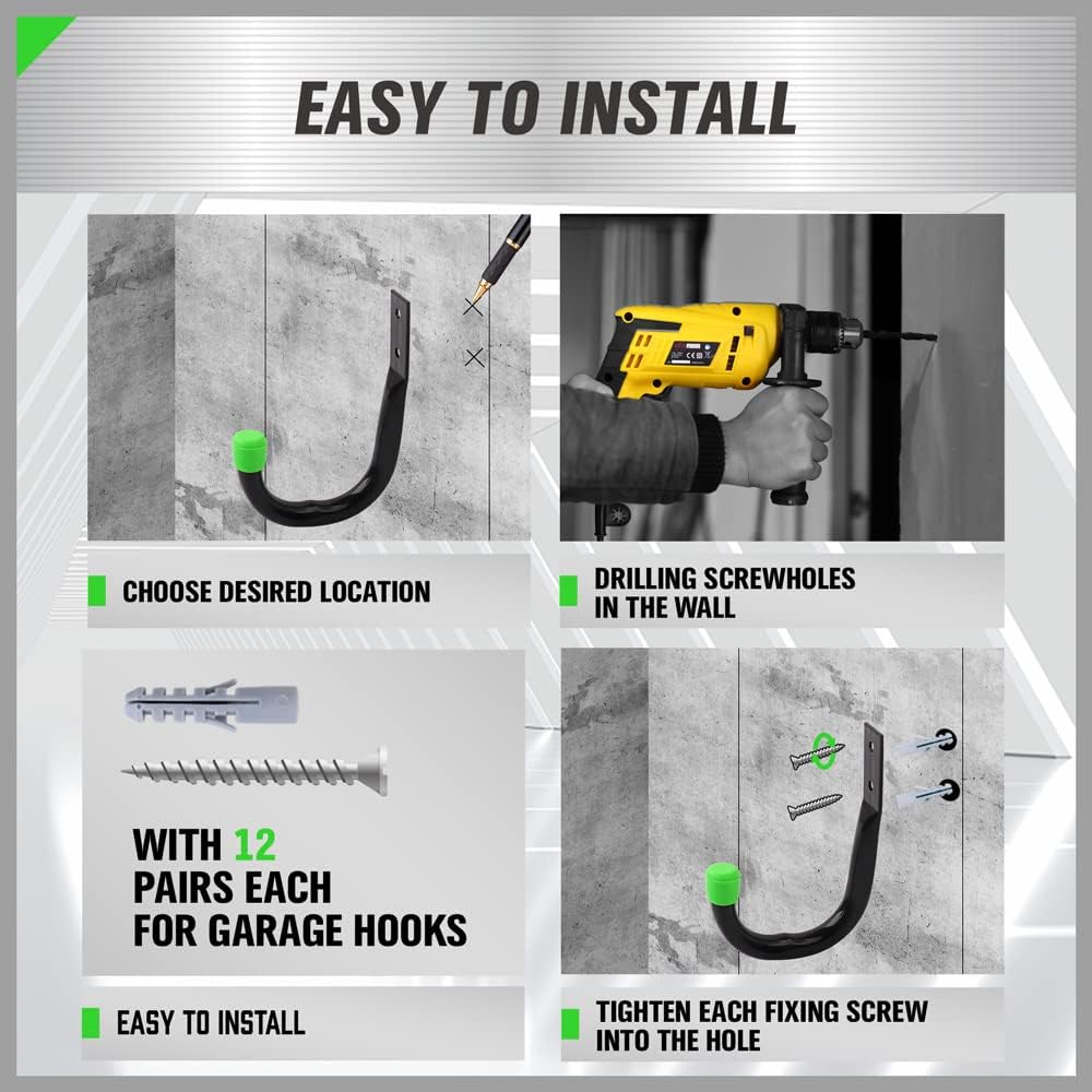 SWANLAKE Garden Tools | 12-Piece Heavy Duty Garage Storage Hooks & Utility Bike Hooks