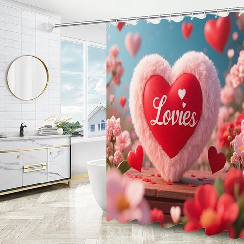 DDS-DUDES Valentine Shower Curtain Set for Bathroom, Wedding,Happy Valentine's Day Gnomes by Bike Waterproof Bath Curtain, Eiffel Tower Fabric Shower Curtains with Hooks 71x71 inches