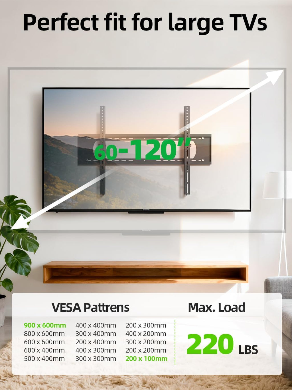 USX MOUNT Heavy Duty Tilting TV Wall Mount - Ultra Slim Design for 60-120" TVs, Supports Up to 220lb