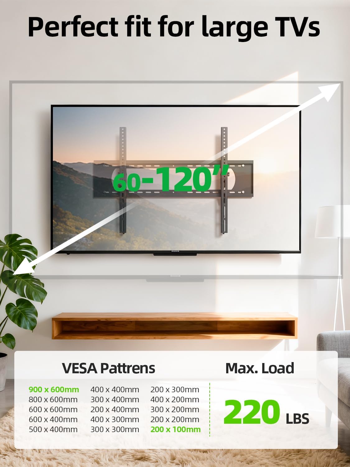 USX MOUNT Heavy Duty Tilting TV Wall Mount - Ultra Slim Design for 60-120" TVs, Supports Up to 220lb