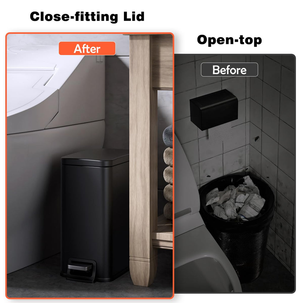 Skiennix Slim Bathroom Trash Can - 1.6 Gallon Stainless Steel with Soft Close Lid & Removable Inner Bucket