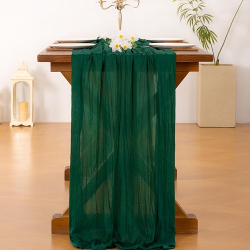 **Socomi Emerald Green Cheesecloth Table Runner - 120 Inch Rustic Boho Decor for Weddings & Events**