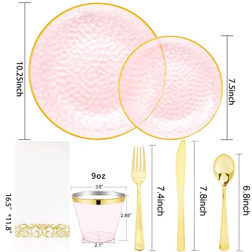 DaYammi 350 Pcs Clear Pink Plastic Plates, Hammered Disposable Dinnerware, Pink Plates Set Include 100 Plastic Platos, 150 Gold Disposable Silverware, 50 Cups And 50 Napkins for Mother's Day Party