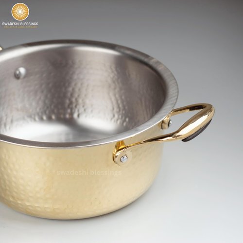 Swadeshi Blessings Exclusive Range Brass Pot/Stock Pot for Cooking with Lid/Teflon-Free/Naturally Non-Stick Brass Utensils with Tin Coating (1 Litres)