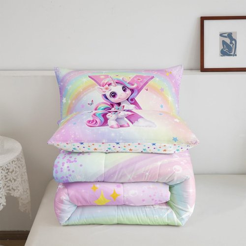 Rainbow Unicorn Comforter Set Twin,Purple Unicorn Kids Bedding Sets for Girls Alphabet Monogram X Bedding for Teens Children Adults Bedroom Decor All Season,Lovely Gradient Glitter Bed Duvet,Pink