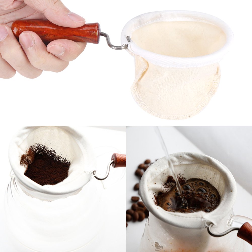 Fdit Coffee Filter Handmade Reusable Cafe Flannel Cloth Filter Bag Coffee Sock with Wooden Handle(Large)