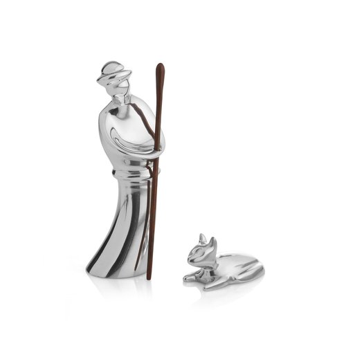 Nambé Miniature Nativity Shepherd & Lamb Set - Designed by Alvaro Uribe, Holiday Collectible Figurines for Nativity Scene Display - 4.5” H Shepherd & 1” H Lamb in Nambé Alloy and Acacia Wood