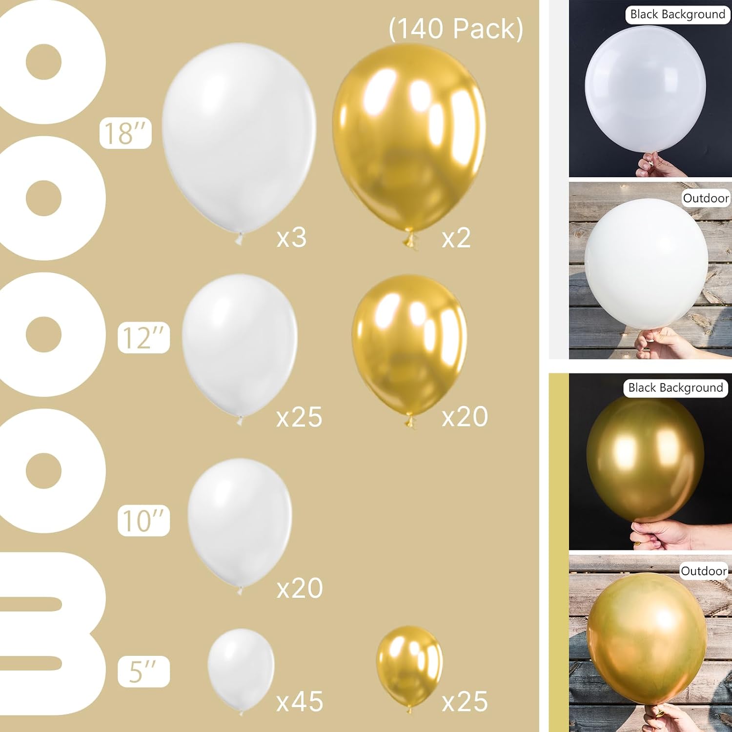 PartyWoo White & Gold Balloons - 140-Piece Pack in Various Sizes for Birthday & Party Decorations