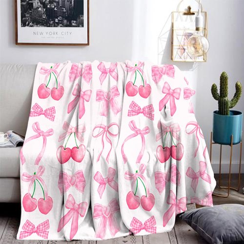 Reateforin Pink Cherry Bow Throw Blanket Back to School Decorations Soft Dorm Room Essentials Gifts for Students Girls Boys Lightweight Coquette Bow Cherry Aesthetic Blanket for Nursery Room 30"x40"