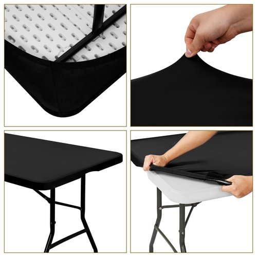10 Pack Stretch Fabric Table Top Cap Cover, fits 8' Tables, Spandex Table Covers Washable Elastic Universal Rectangle Tablecloth Protector for Indoor Outdoor Party Picnic Wedding, Black, 30" W x 96" L