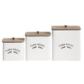 Deco 79 Metal Decorative Canisters Farm House Containers with Wood Lids and Black Accents, Set of 3 Keepsake Boxes 11", 9", 7"H, White