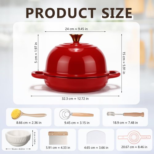 Reallnaive 8 Pcs Enameled Bread Dutch Oven with Lid for Sourdough Baking Oven Enameled Cast Iron Dutch Pot with Bread Proofing Basket Baking Supplies Set for Kitchen Homemade Roasting(Red,5 Quart)