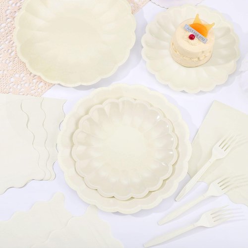 96 Pcs Ivory Paper Plates and Napkins Party Supplies Serve 24 Guests Include Scalloped Dinner Plate 9.5", Dessert Plate 7.5", Napkins Plastic Forks for Baby Bridal Shower Wedding Birthday