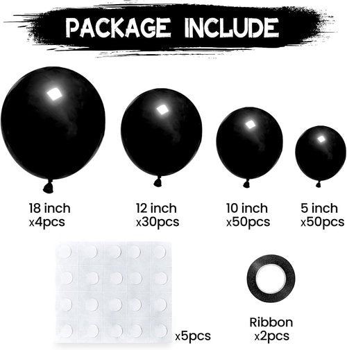 134Pcs Black Balloon Garland Kit - Latex Balloons in 5, 10, 12, 18 Inch Sizes for Birthday, Wedding & Baby Shower Decor