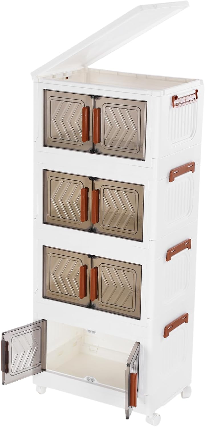 Skiennix 4-Tier Storage Bins - Stackable, Foldable Organizers with Lids & Wheels | Transparent Door