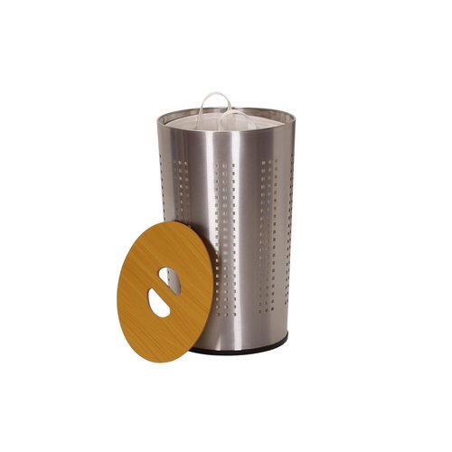 Household Essentials 7081-1 Round Metal Laundry Hamper - Removable Liner Bag and Wood Lid - Stainless Steel