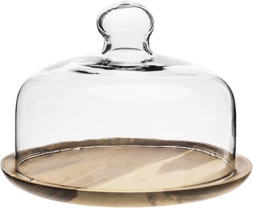 MyGift Cloche Dome Glass Dessert Serving Tray - 7.5 Inch Cake Stand with Acacia Wood Base for Parties & Weddings