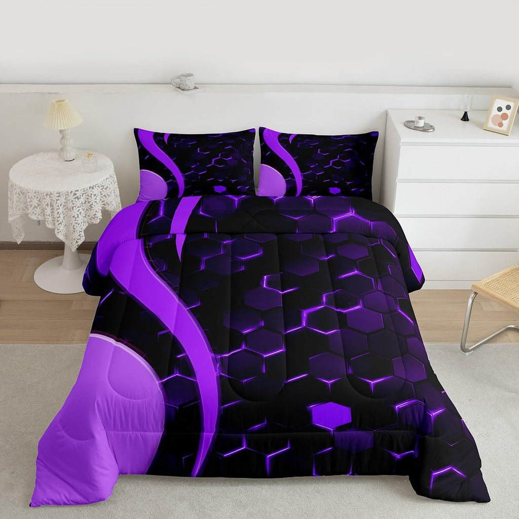 Feelyou Honeycomb Comforter Hexagonal Print Bedding Set Geometrical Beehive Purple Blue Comforter Set for Boys Girls Teens Decor Modern Art Duvet Set Quilt Twin Size Boys