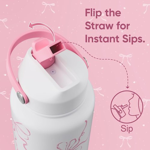 Bow 32 oz Insulated Water Bottle - Stainless Steel, Leak Proof, Reusable with Flip Straw & Handle | Breeze Pink