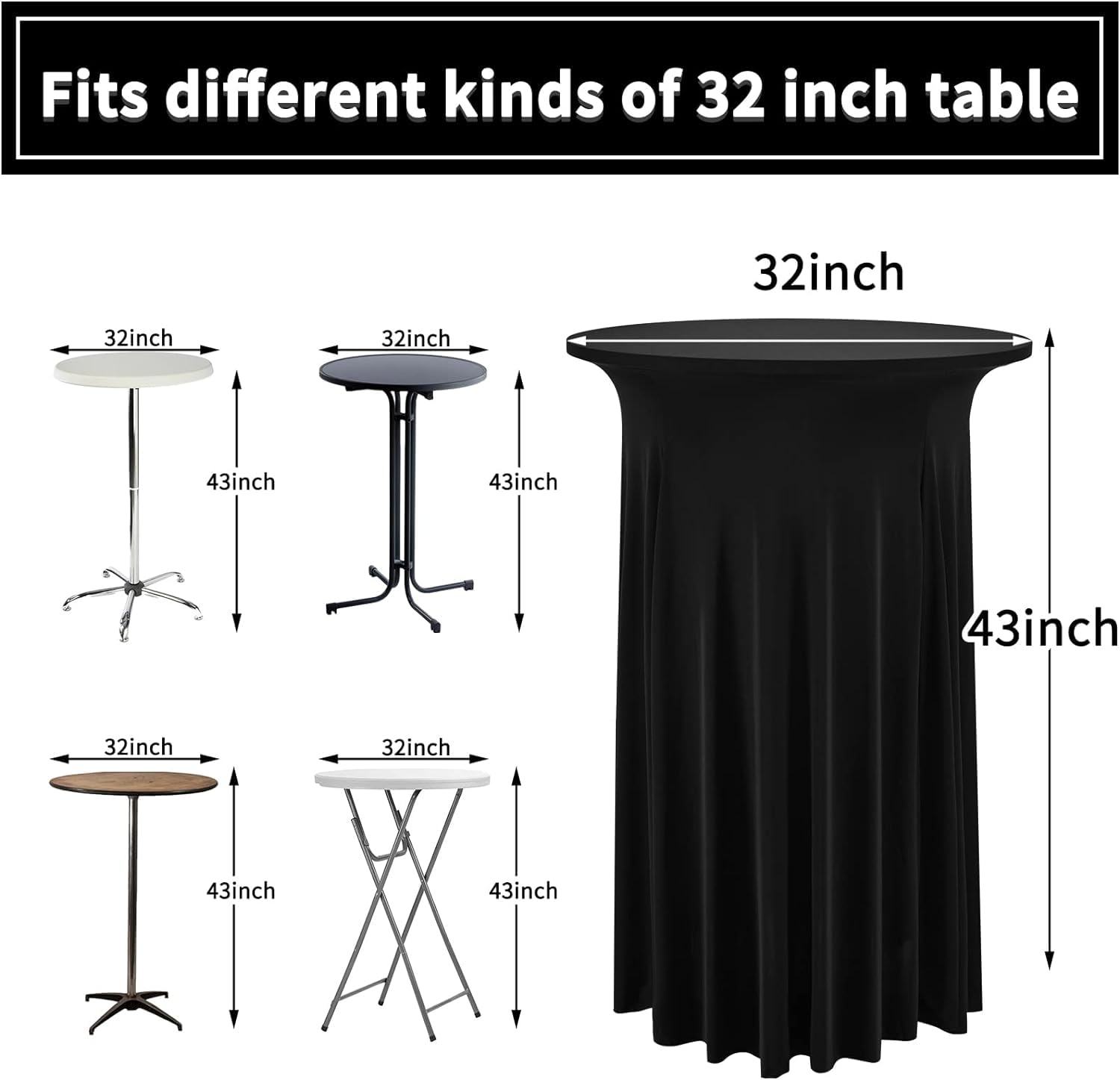REWOMC 8 Packs Round Cocktail Table Skirt 32"x 43" Spandex Stretch Cocktail Tablecloth with Wavy Drapes, Black Spandex Fitted High Top Table Covers for Wedding Bar Party Birthday Banquet Table