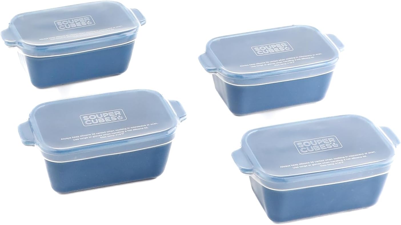 Souper Cubes Stoneware Baking Dishes - Premium Mini Ceramic Oven Dishes with Silicone Covers, Set of 4 | 5" x 3", Blueberry