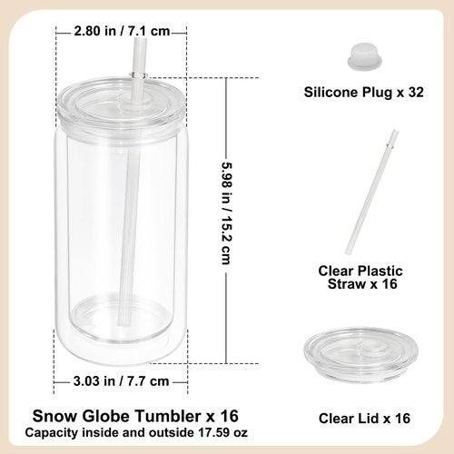 16 PCS Plastic Snow Globe Tumbler,16 oz Double Wall Tumbler with Pre Drilled Hole,Bulk Snow Globe Cups with Clear Lip and Straw,DIY Glitter Snowglobe(No gold powder)