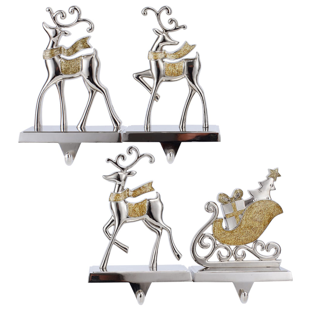 Cesdai Reindeer & Sleigh Stocking Holder Set for Mantle Set of 4,Deer Stocking Hangers for Firepiece,Christmas Decorations Mantel Hanger for Stocking/Garland (Silver with Gold)