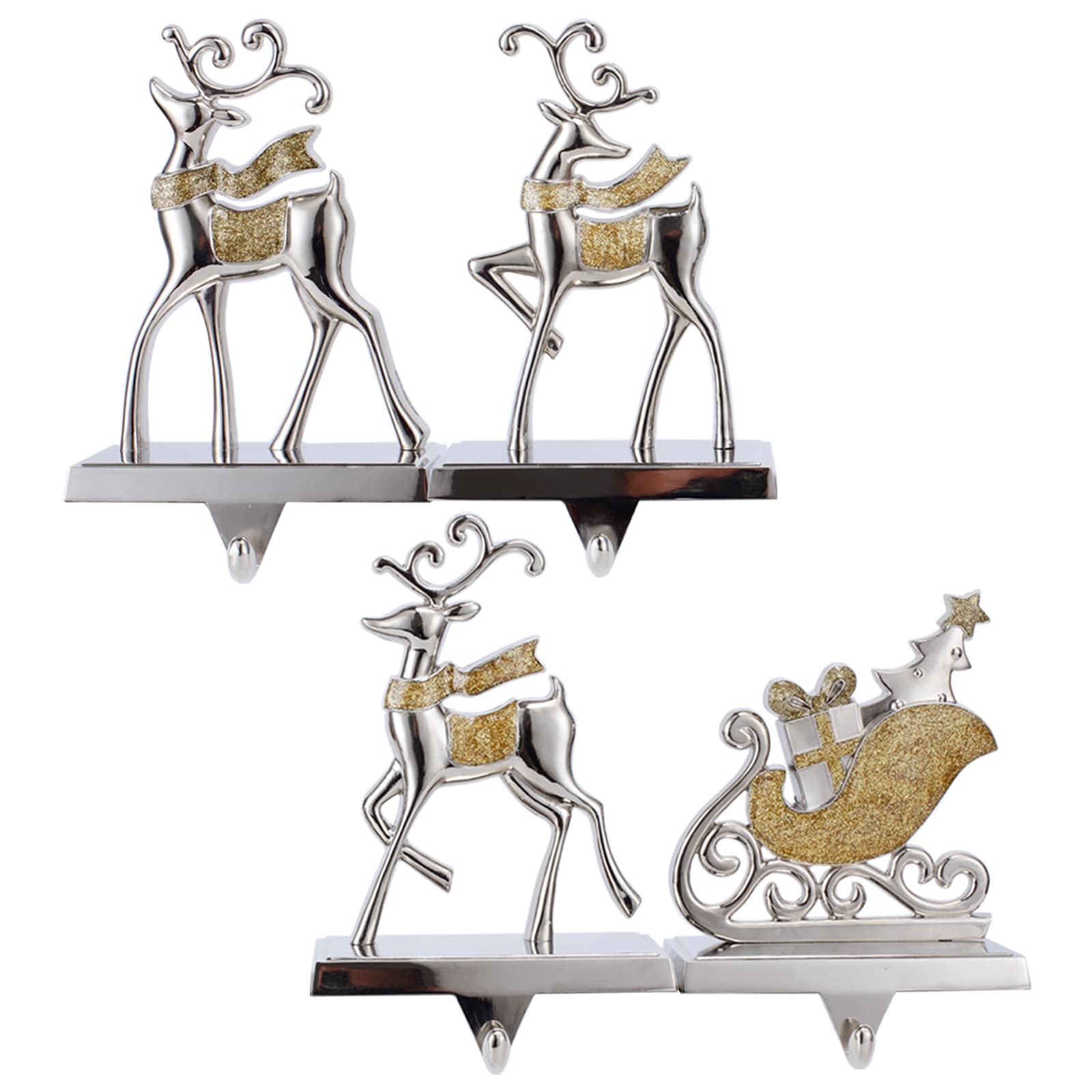 Cesdai Reindeer & Sleigh Stocking Holder Set for Mantle Set of 4,Deer Stocking Hangers for Firepiece,Christmas Decorations Mantel Hanger for Stocking/Garland (Silver with Gold)