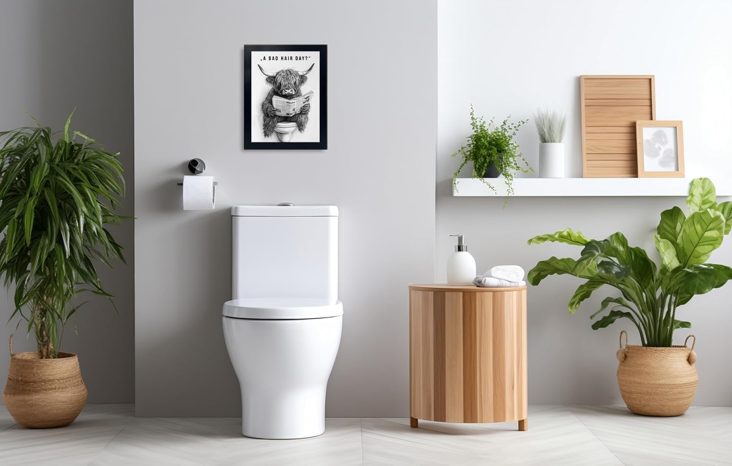 Orvannaatr Highland Cow Wall Art - Humorous Sketch of Cow on Toilet for Fun Bathroom Décor